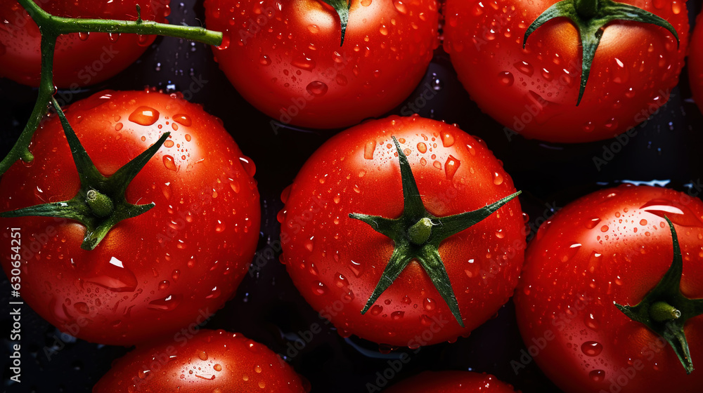 Fresh red tomatoes with water drops background. Vegetables backdrop. Generative AI