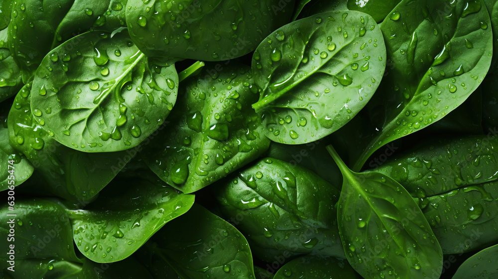 Fresh green spinach leaves with water drops background. Vegetables backdrop. Generative AI