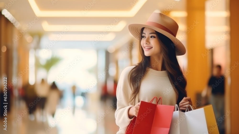 Happy woman with colorful shopping bags