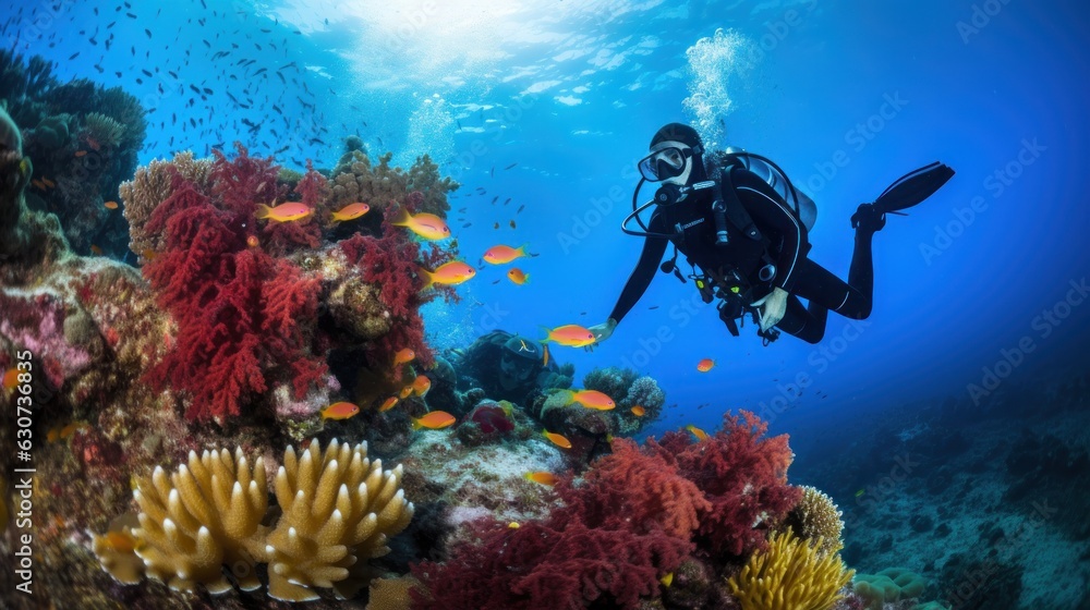 Scuba diver with coral reef