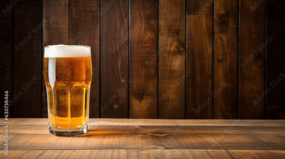 Cold beer glass on wooden background