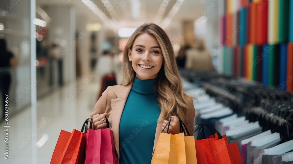 Happy woman with colorful shopping bags