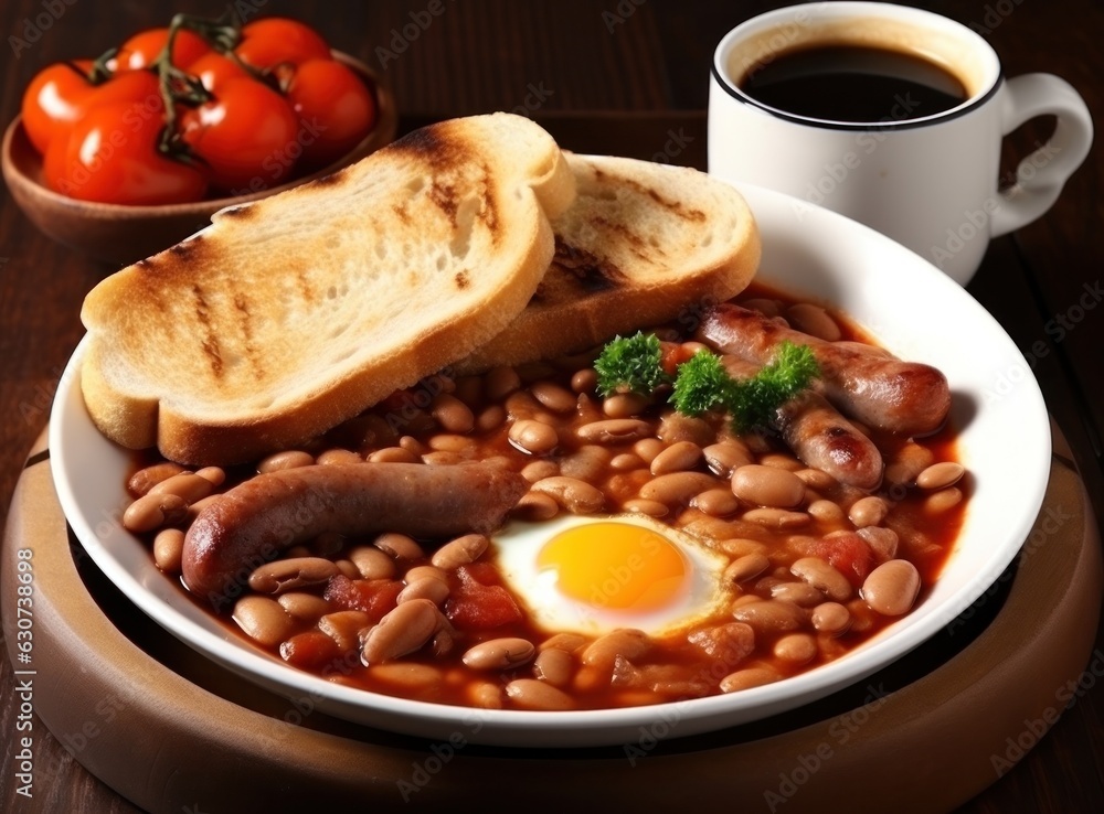 English breakfast with eggs, bacon and beans