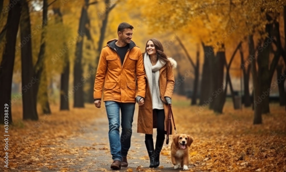 Happy family in part with dog