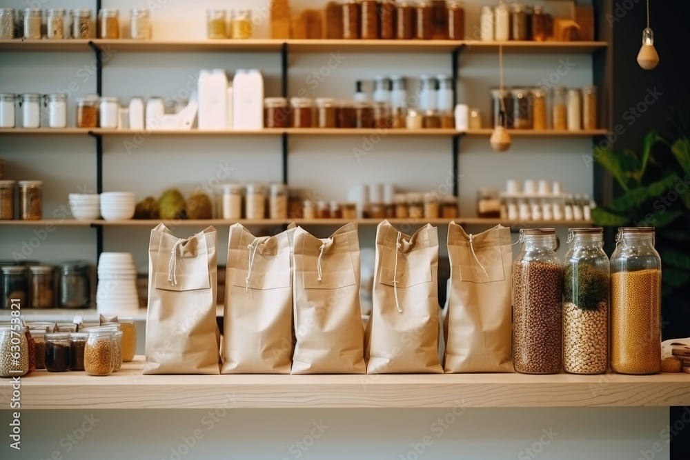 Background of interior in zero waste shop. Products in plastic free grocery store.