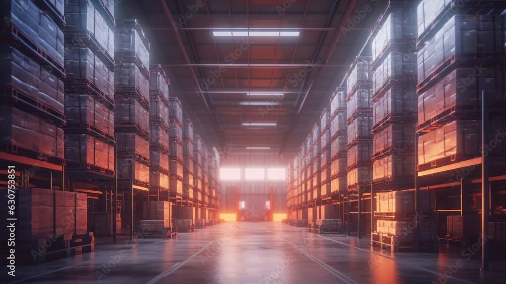 Huge distribution warehouse with high shelves and loaders. Generative AI