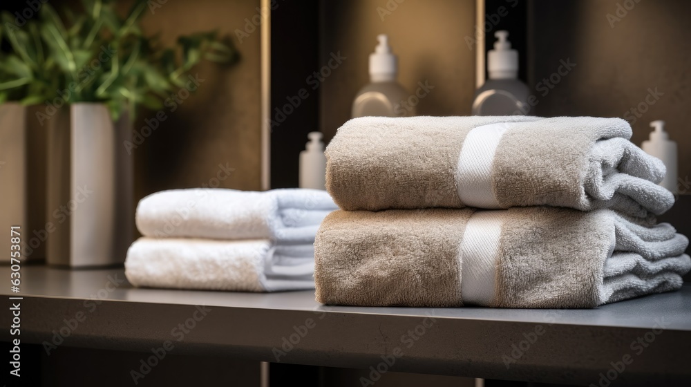 Shelf with towels at hotel spa.