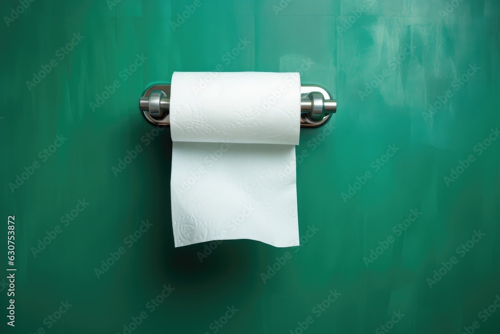 A white roll of soft toilet paper neatly hanging on a modern chrome holder.