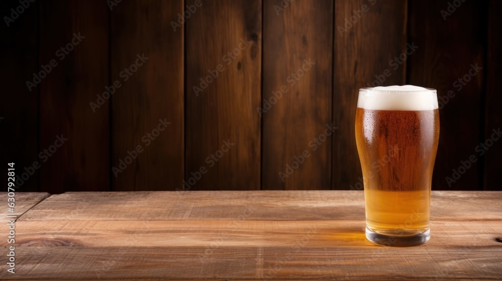 Cold beer glass on wooden background