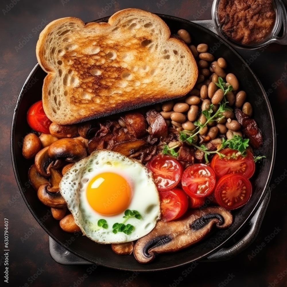 English breakfast with eggs, bacon and beans