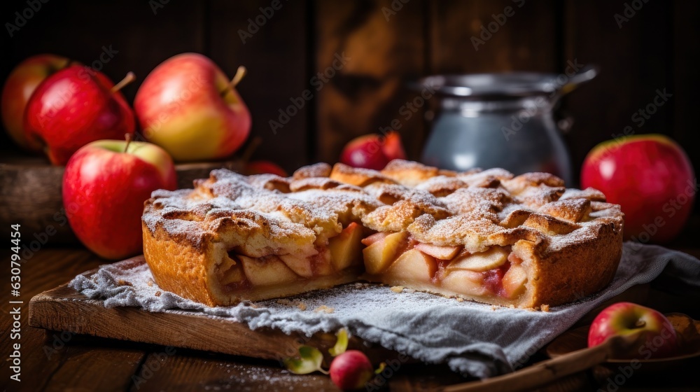 Apple pie in rustic background