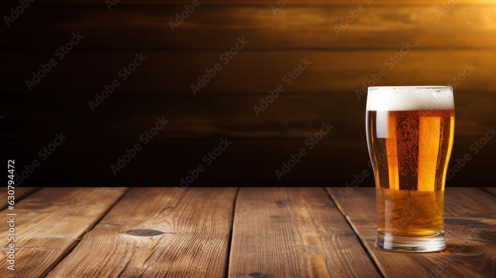 Cold beer glass on wooden background