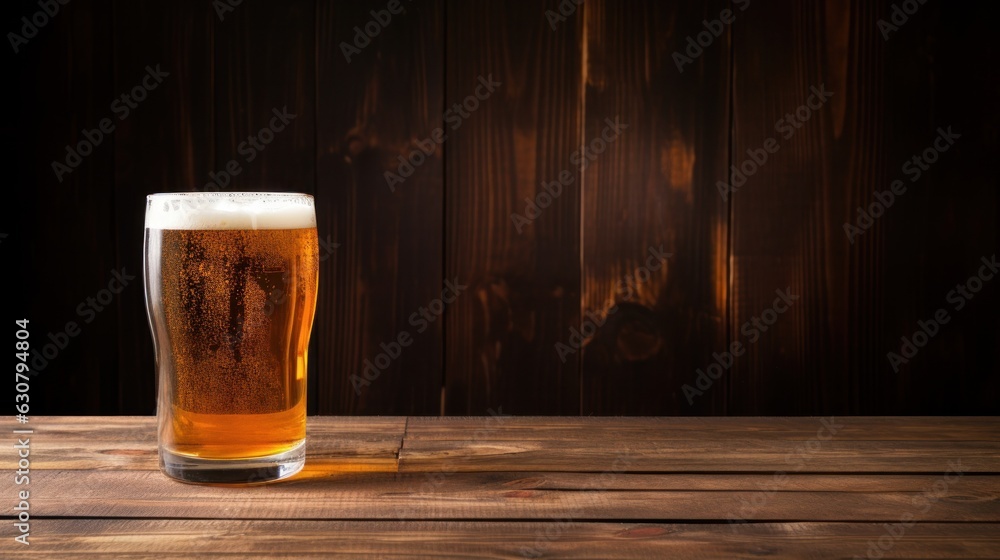 Cold beer glass on wooden background