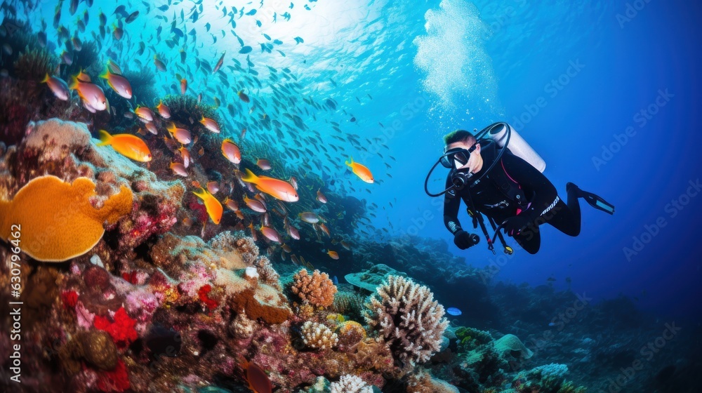 Scuba diver with coral reef