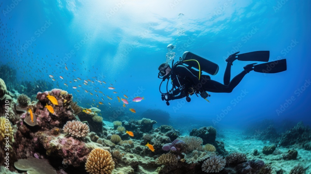 Scuba diver with coral reef