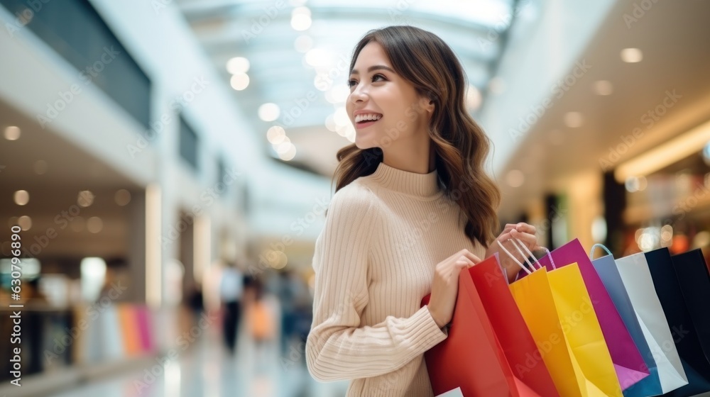 Happy woman with colorful shopping bags