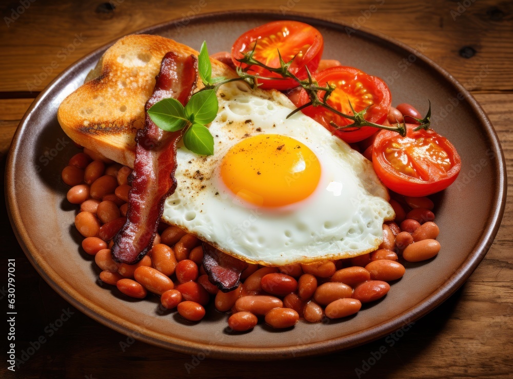 English breakfast with eggs, bacon and beans