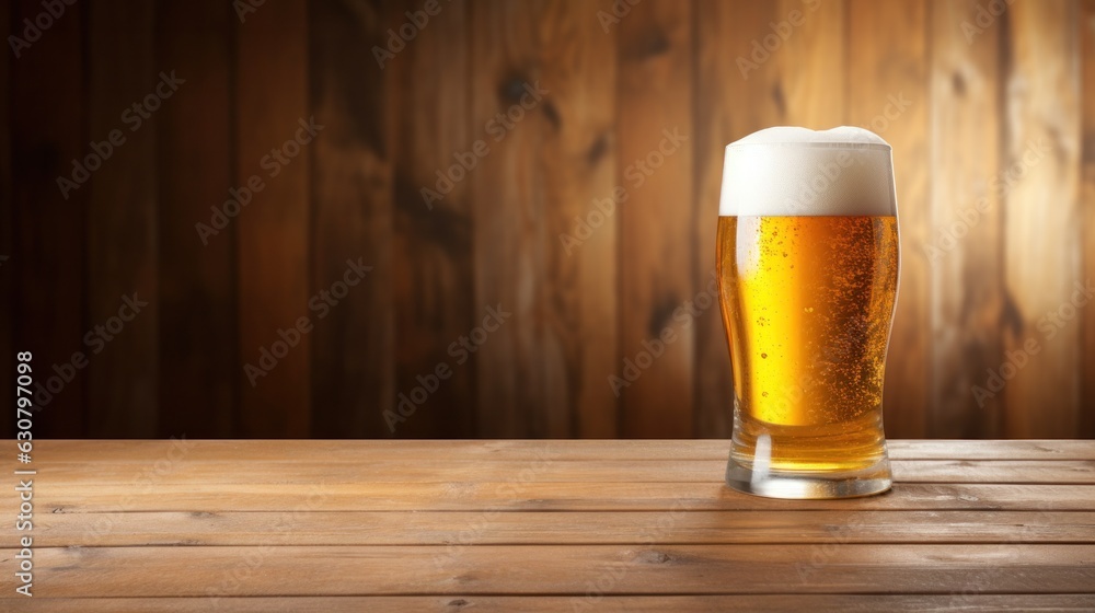 Cold beer glass on wooden background