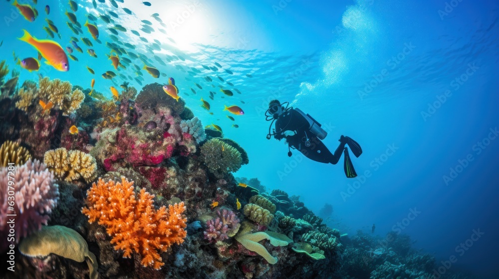 Scuba diver with coral reef