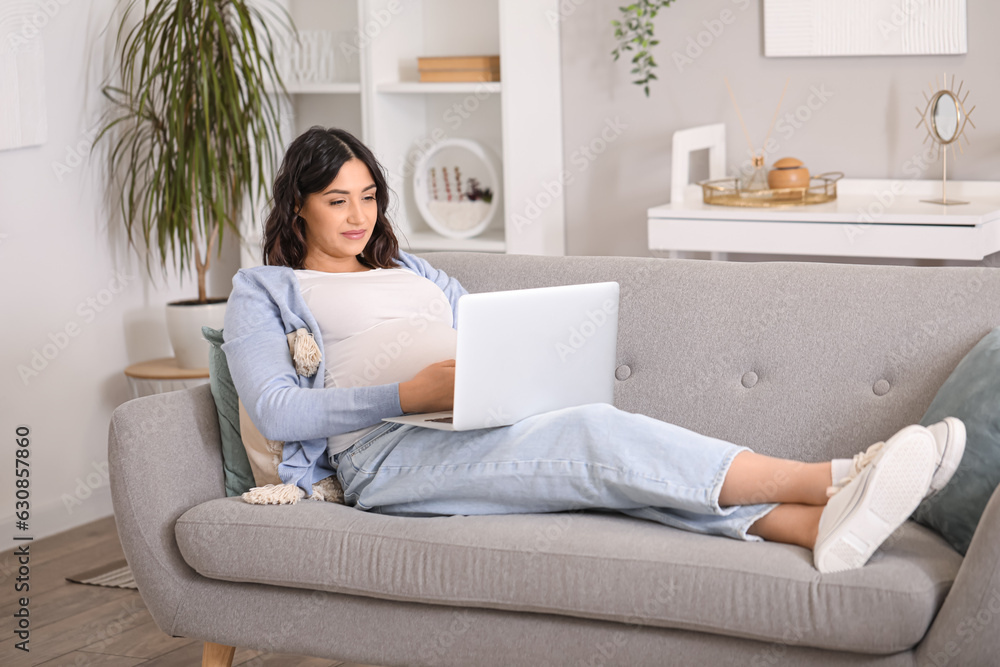 Young pregnant woman working with laptop on sofa at home