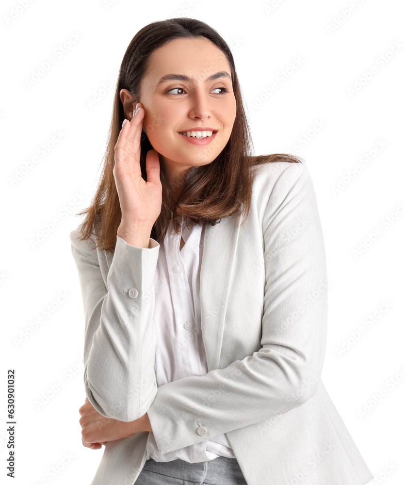 Young woman in stylish suit on white background