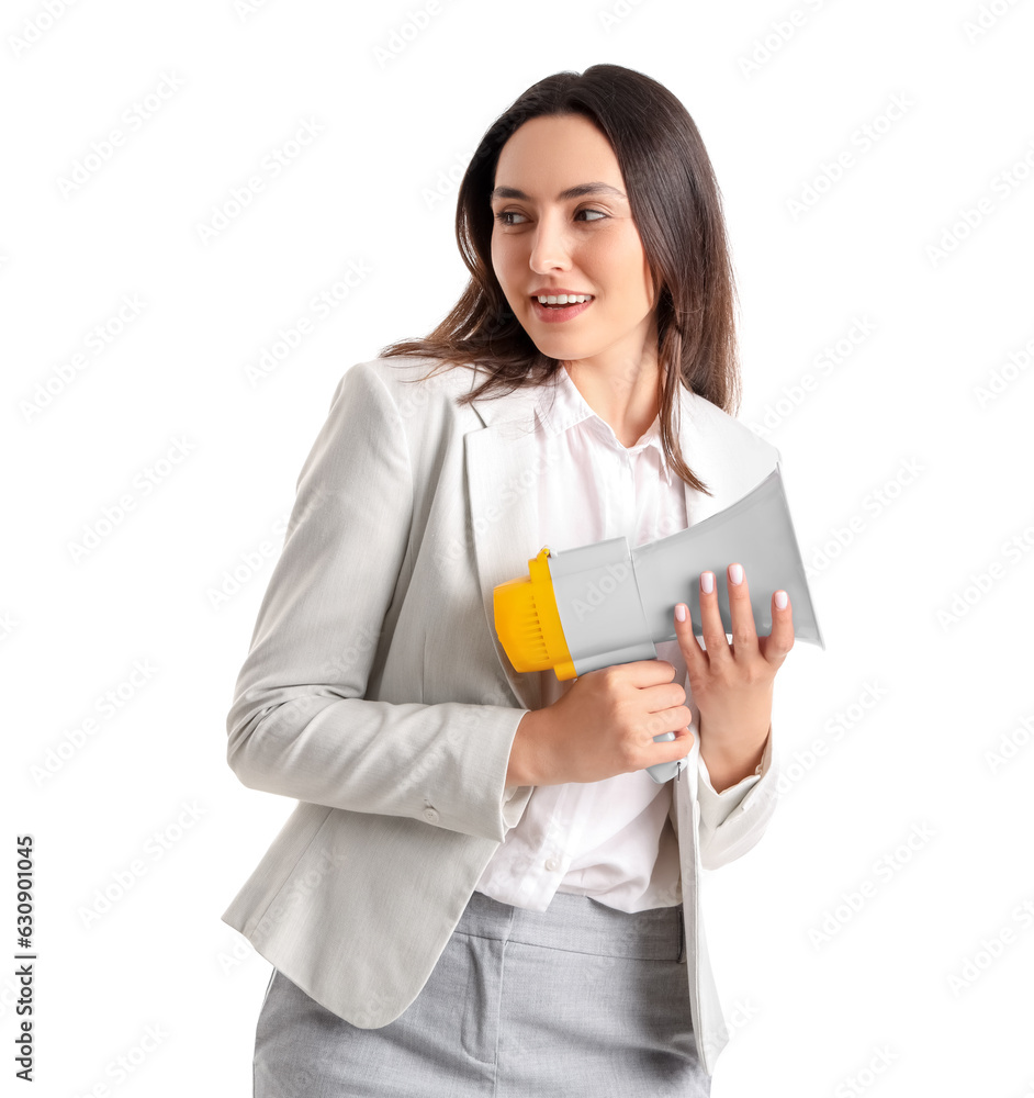 Young businesswoman in stylish suit with megaphone on white background