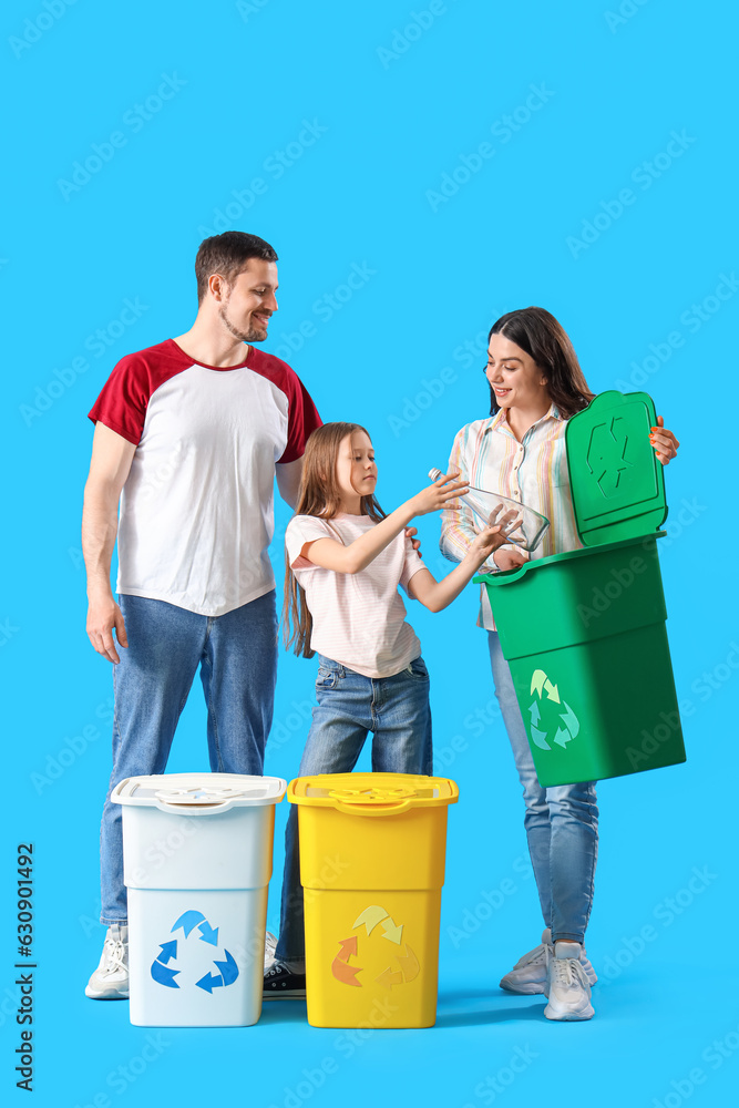 Family sorting garbage in recycle bins on blue background