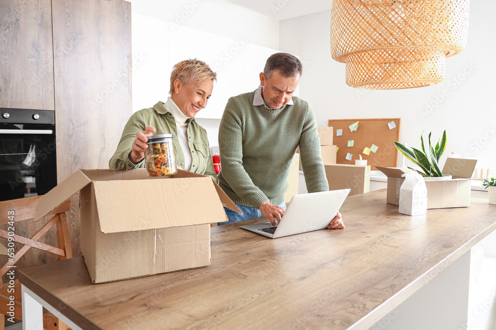 Mature couple using laptop in kitchen on moving day