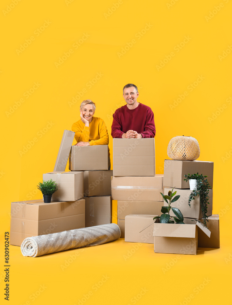 Mature couple with moving boxes on yellow background