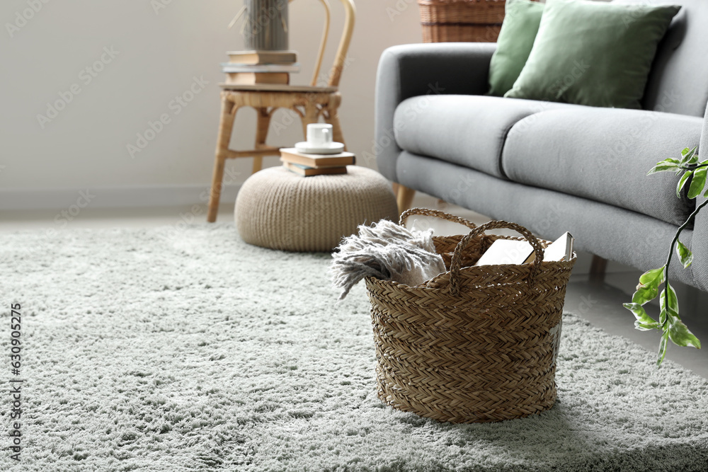 Wicker basket with books and plaid in living room