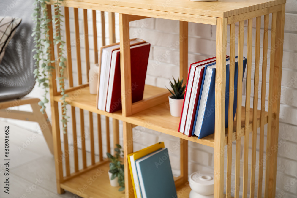 Bookshelf with houseplants in living room, closeup