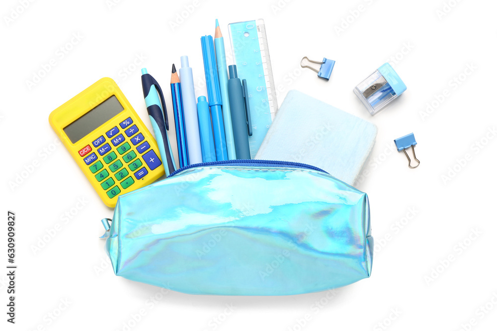 Pencil case with different stationery and calculator on white background