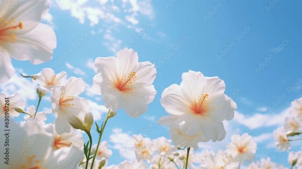 Blue Sky and clouds with wild flowers in beautiful  meadow during sun-drenched Spring Summer. Low an