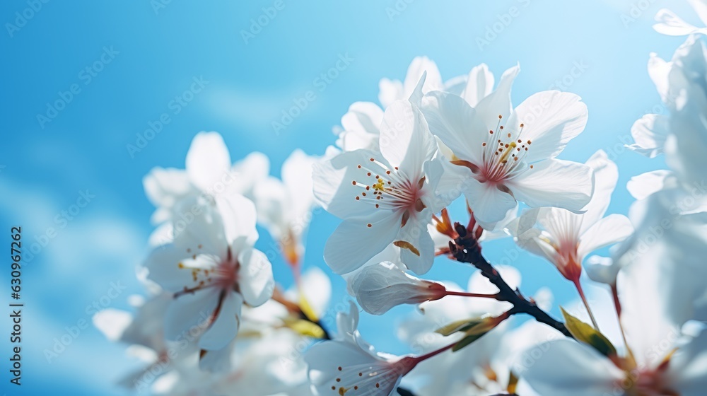 Blue Sky and clouds with wild flowers in beautiful  meadow during sun-drenched Spring Summer. Low an