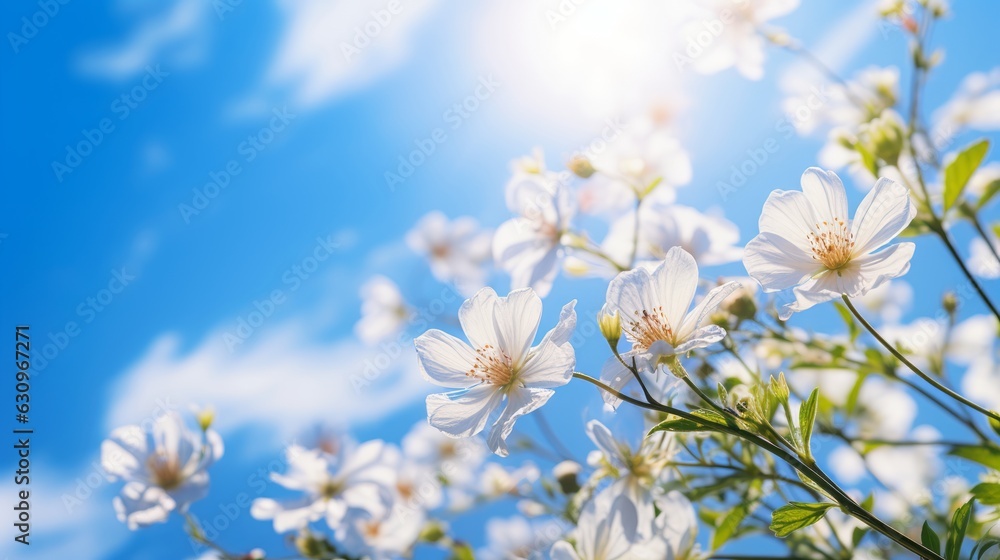 Blue Sky and clouds with wild flowers in beautiful  meadow during sun-drenched Spring Summer. Low an