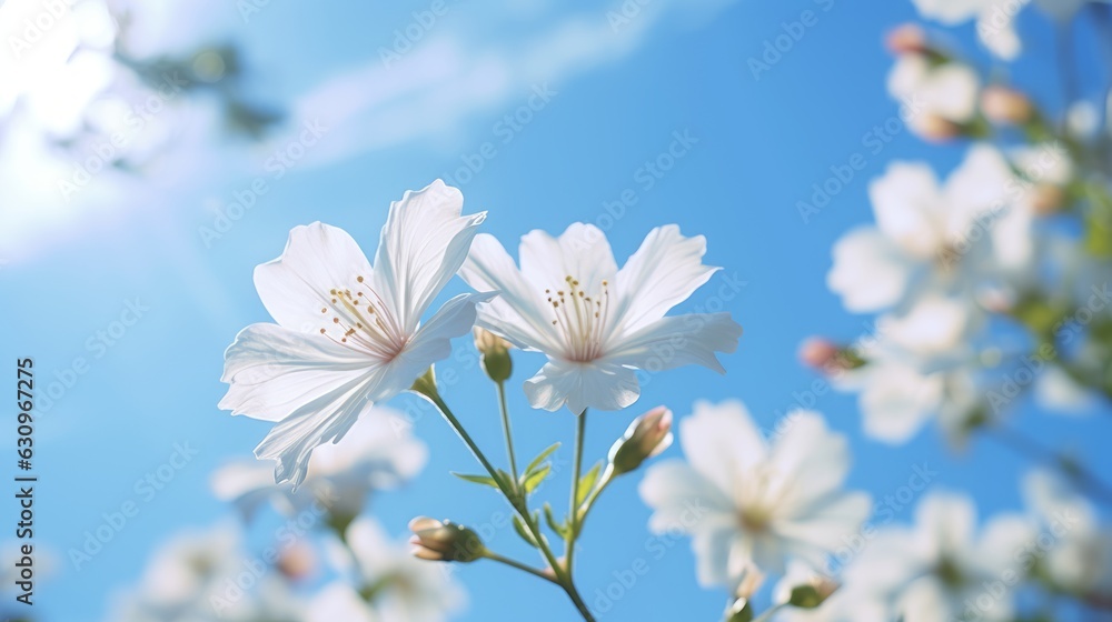 Blue Sky and clouds with wild flowers in beautiful  meadow during sun-drenched Spring Summer. Low an