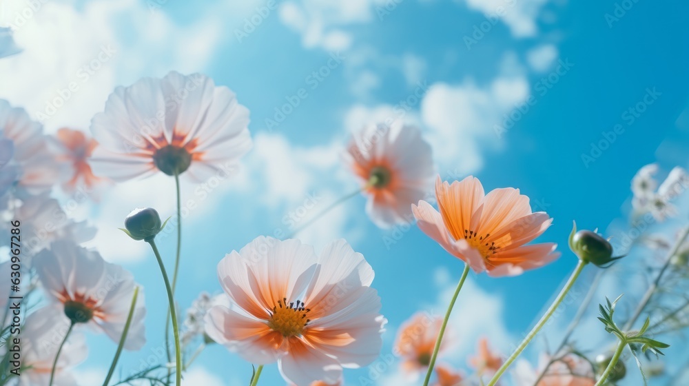 Blue Sky and clouds with wild flowers in beautiful  meadow during sun-drenched Spring Summer. Low an