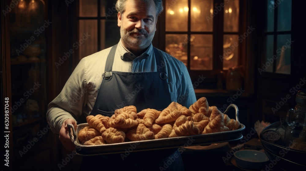 Baker holding a tray full of fresh croissants.