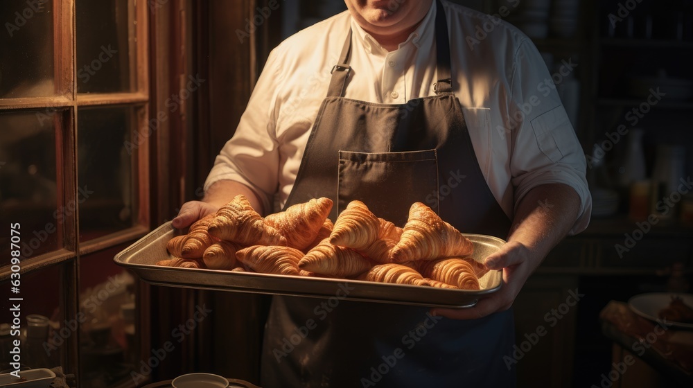 Baker holding a tray full of fresh croissants.