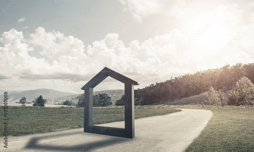 Conceptual background image of concrete home sign on country road