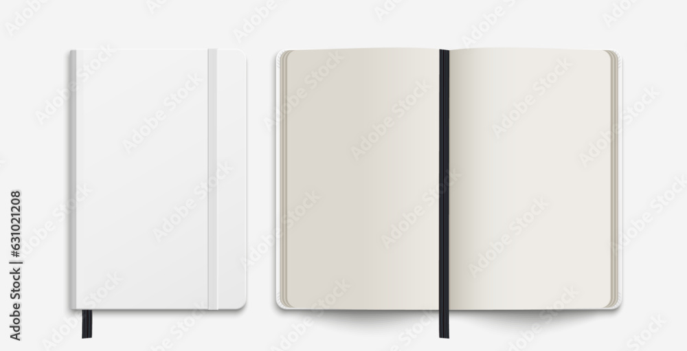 Mock-up: Realistic vector notebook white color with black bookmark on a transparent background. Real