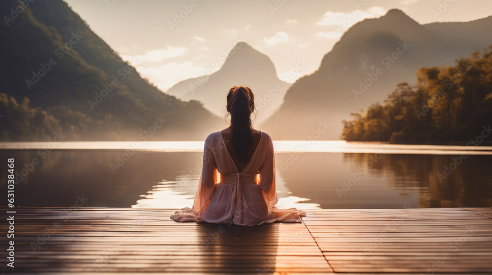 Young girl practice yoga on wooden pier with a view on lake and beautiful landscape. Generative AI