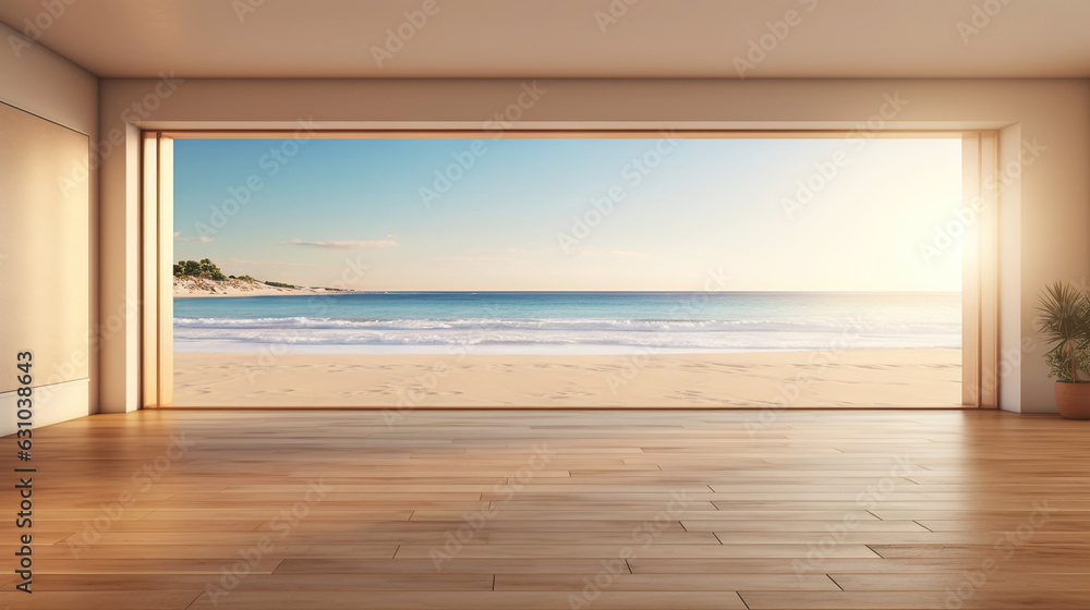 Empty apartment room with wooden floor of beach house. Sea view from windows. Copy space. Generative