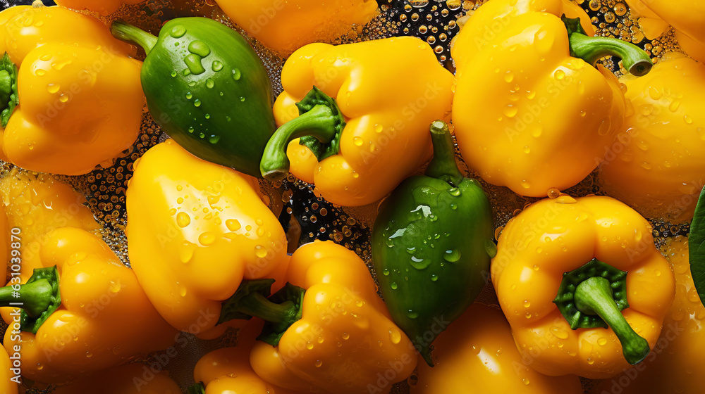 Fresh yellow bell peppers with water drops background. Vegetables backdrop. Generative AI