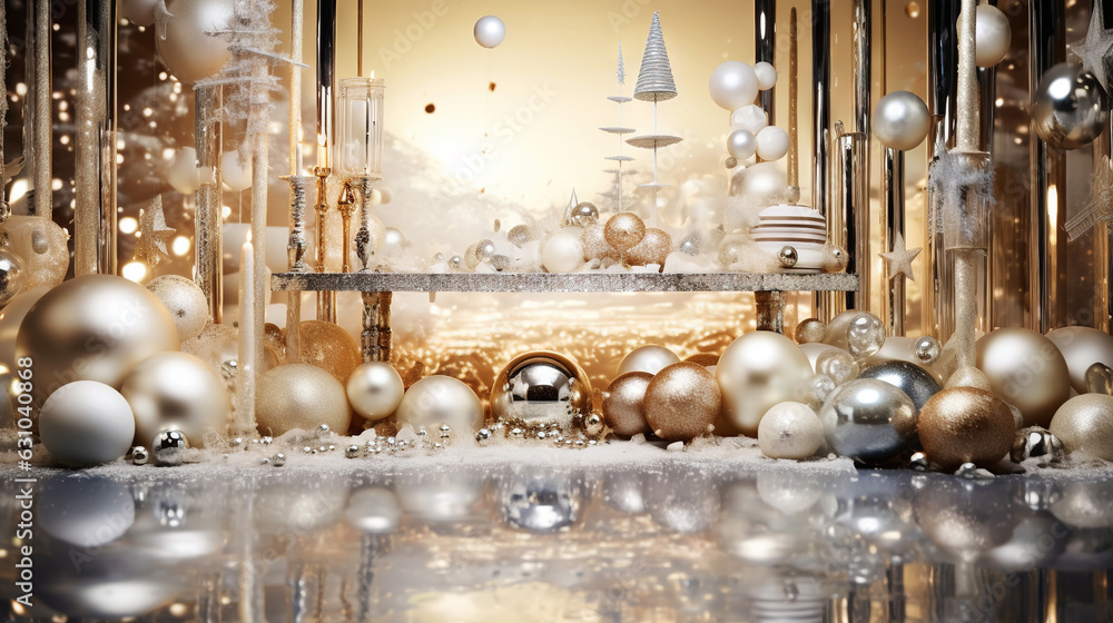 Modern shiny creative Christmas backdrop. Golden festive New Year background. Generative AI