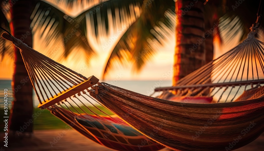 View on hammock between two palm trees on the beach at sunset.