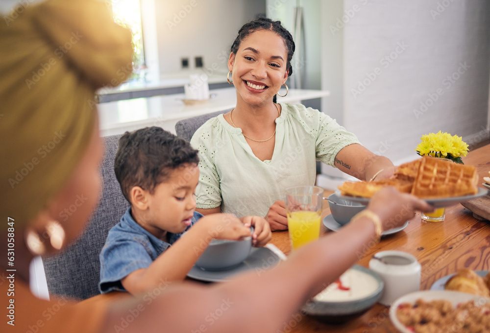 Happiness, breakfast food and family eating meal, waffles or enjoy morning time together, home lunch