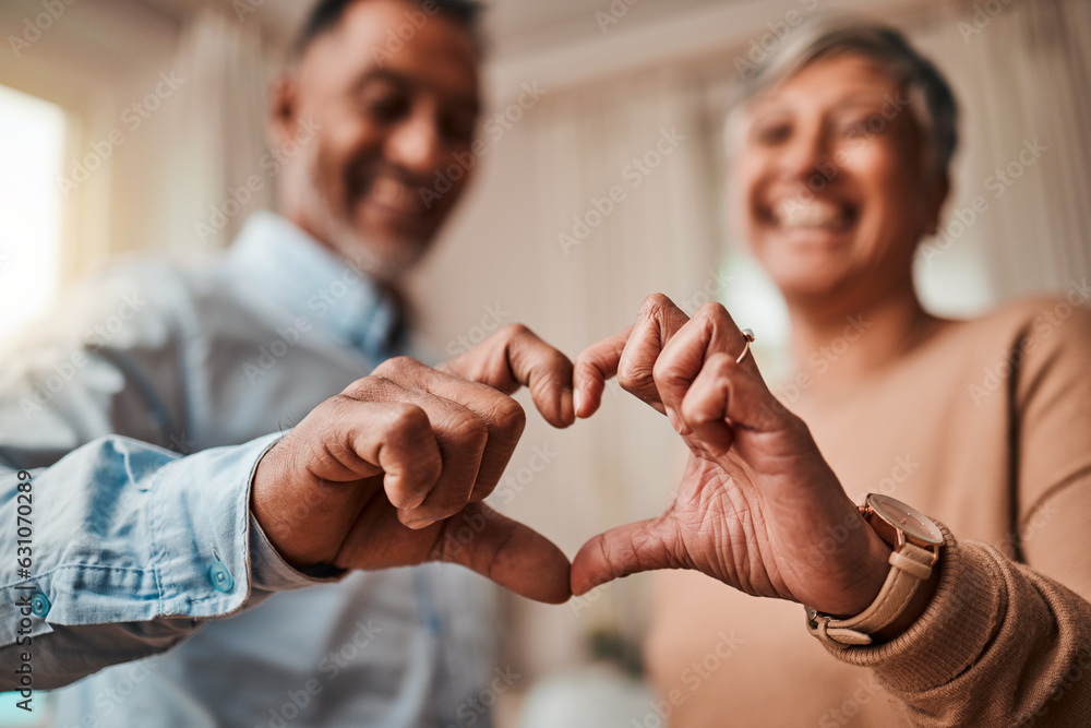 Heart hands, home and senior couple with a sign, care and happiness with kindness, marriage and heal