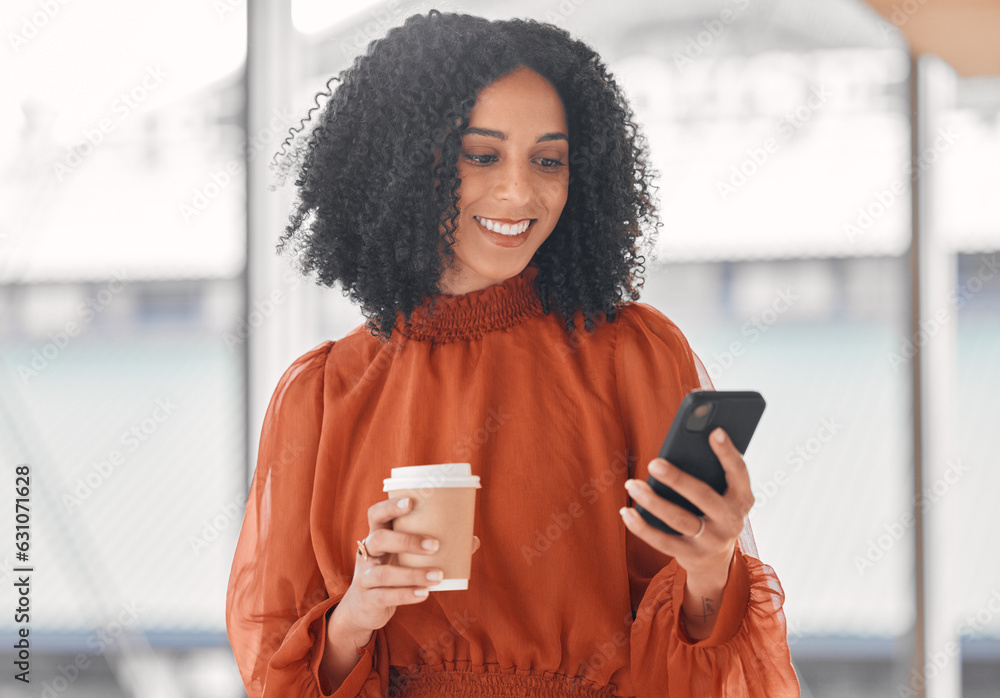 Chat, coffee and a woman with a phone at work for social media, email check or internet information.