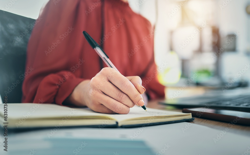 Hand, notebook and person writing, admin with schedule and brainstorming and planning work closeup i